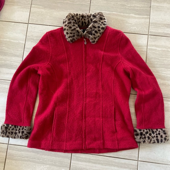 Carole little 100% wool zip up‎ jacket with leopard trim size large - Picture 1 of 3